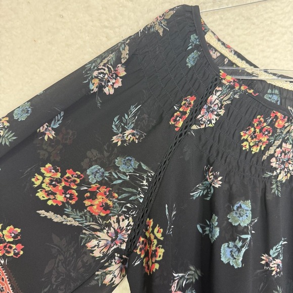 Knox Rose Shirt Womens Medium Black Floral Boho Peasant Border Print 3/4 Sleeve - Picture 7 of 12